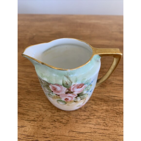 Vtg Weimar Cream & Sugar‎ Green Pink Roses Victorian - Made In Germany - Picture 10 of 10